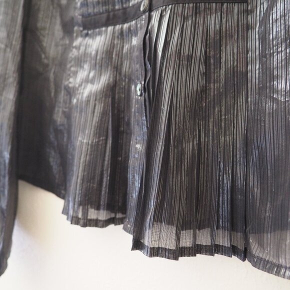 * Club Monaco Black Silk Long Sleeve Metallic Thread Sheer Pleated Detail Blouse - Picture 4 of 6